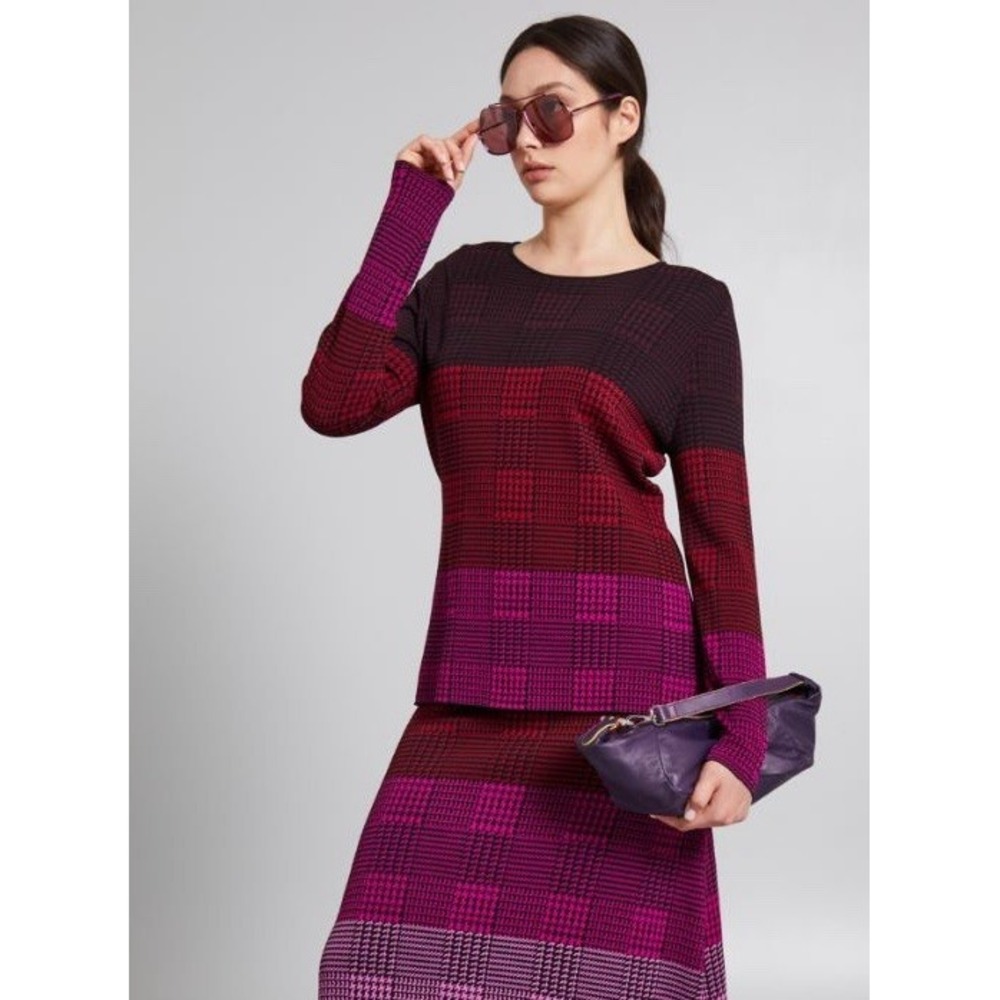 MARINA RINALDI Slim-fit jacquard sweater L  Fuchsia & Black Houndstooth Top